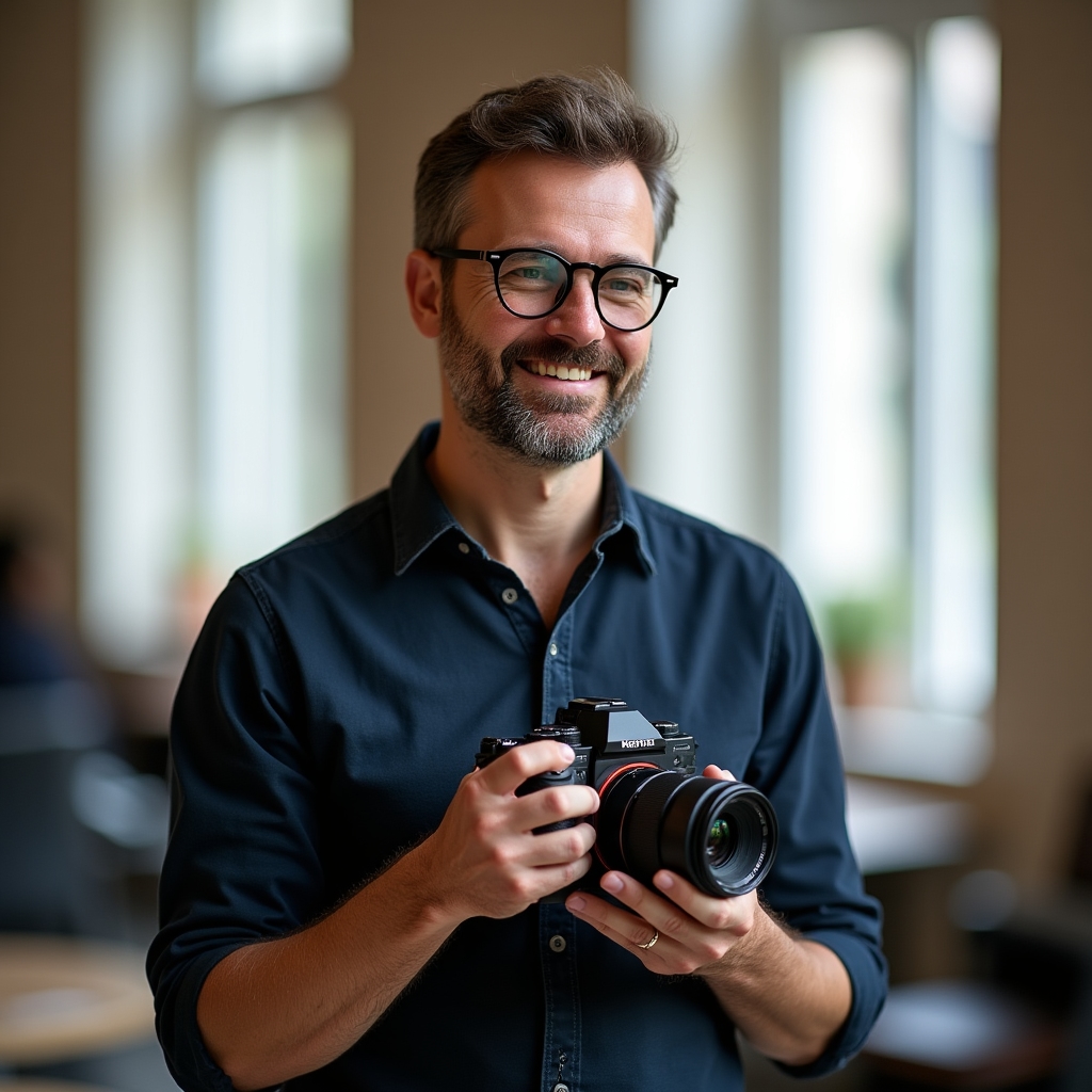 Instruktor warsztatu fotografii portretowej podczas pracy z uczestnikami