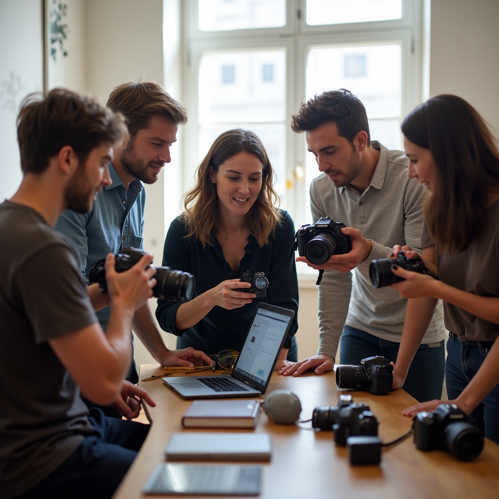 Grupa uczestników warsztatu fotograficznego z aparatami w parku