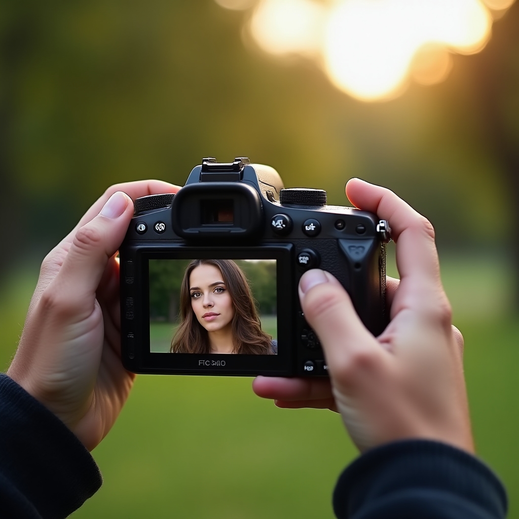 Zbliżenie na aparat fotograficzny podczas kadrowania portretu