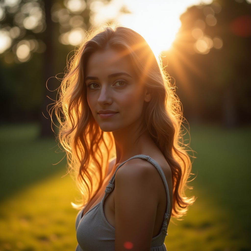 Portret z kontrświatłem w parku — sylwetka i rozmyte tło