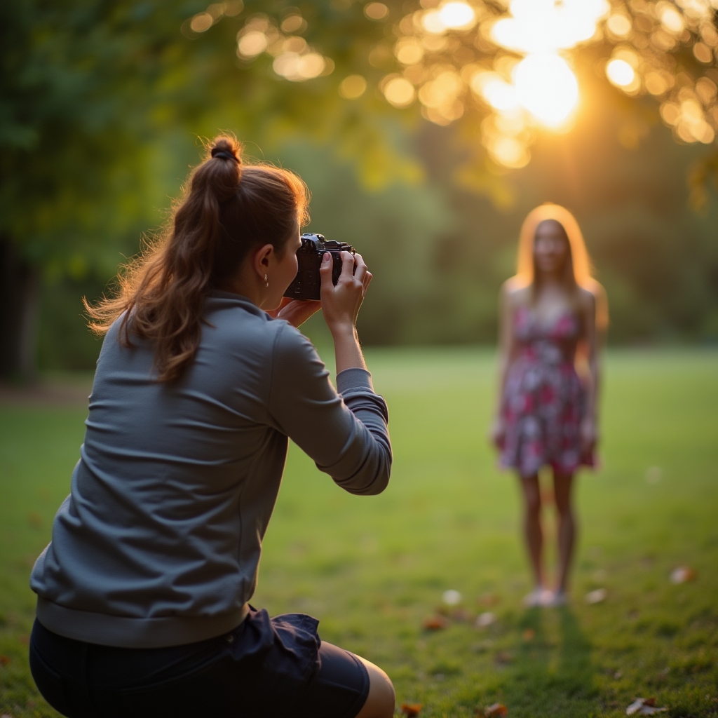 Fotograf fotografujący portret modela w parku w naturalnym świetle